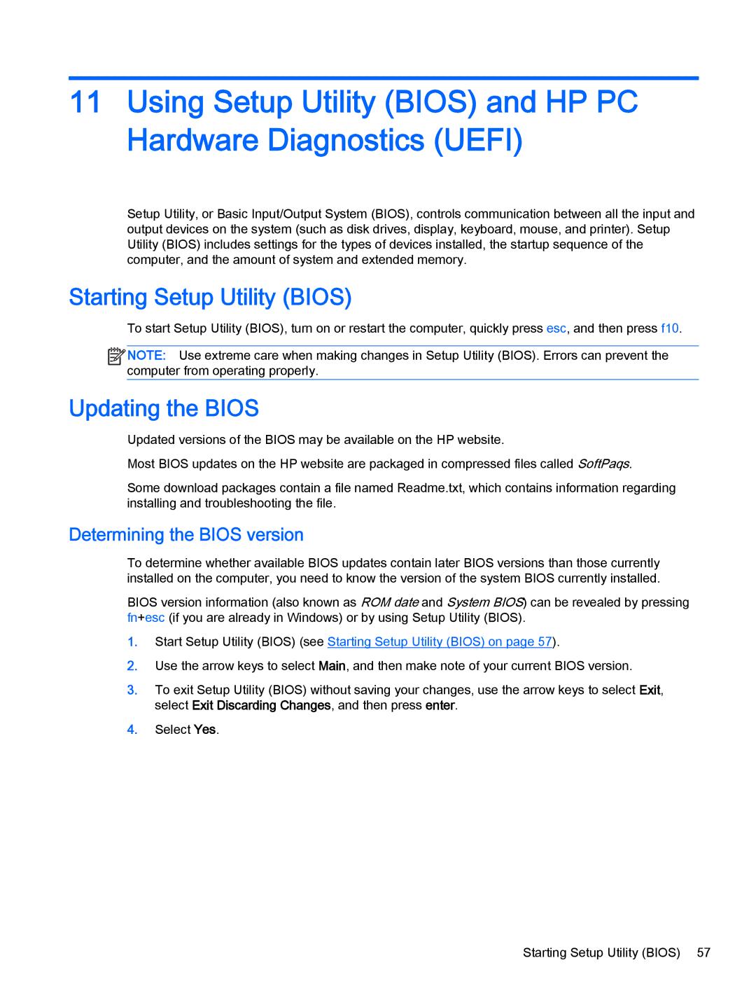 HP OMEN - 15t-5000 manual Starting Setup Utility Bios, Updating the Bios, Determining the Bios version 