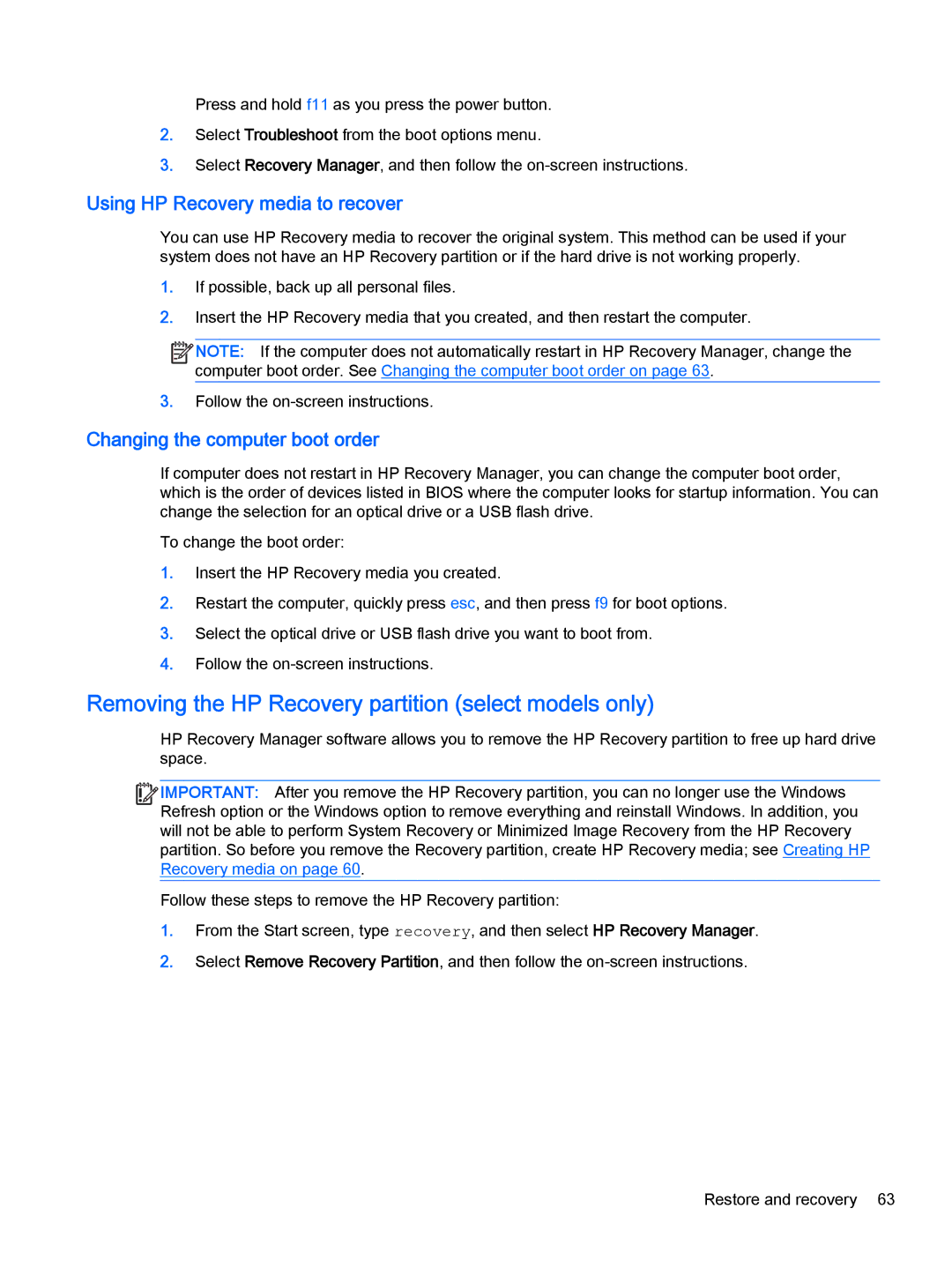 HP OMEN - 15t-5000 manual Removing the HP Recovery partition select models only, Using HP Recovery media to recover 