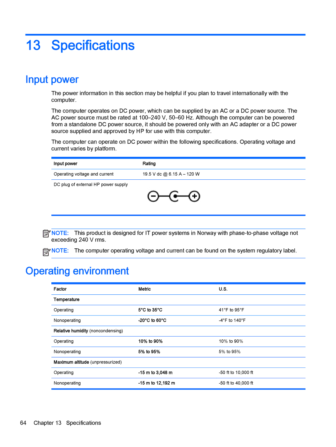 HP OMEN - 15t-5000 manual Specifications, Input power, Operating environment 