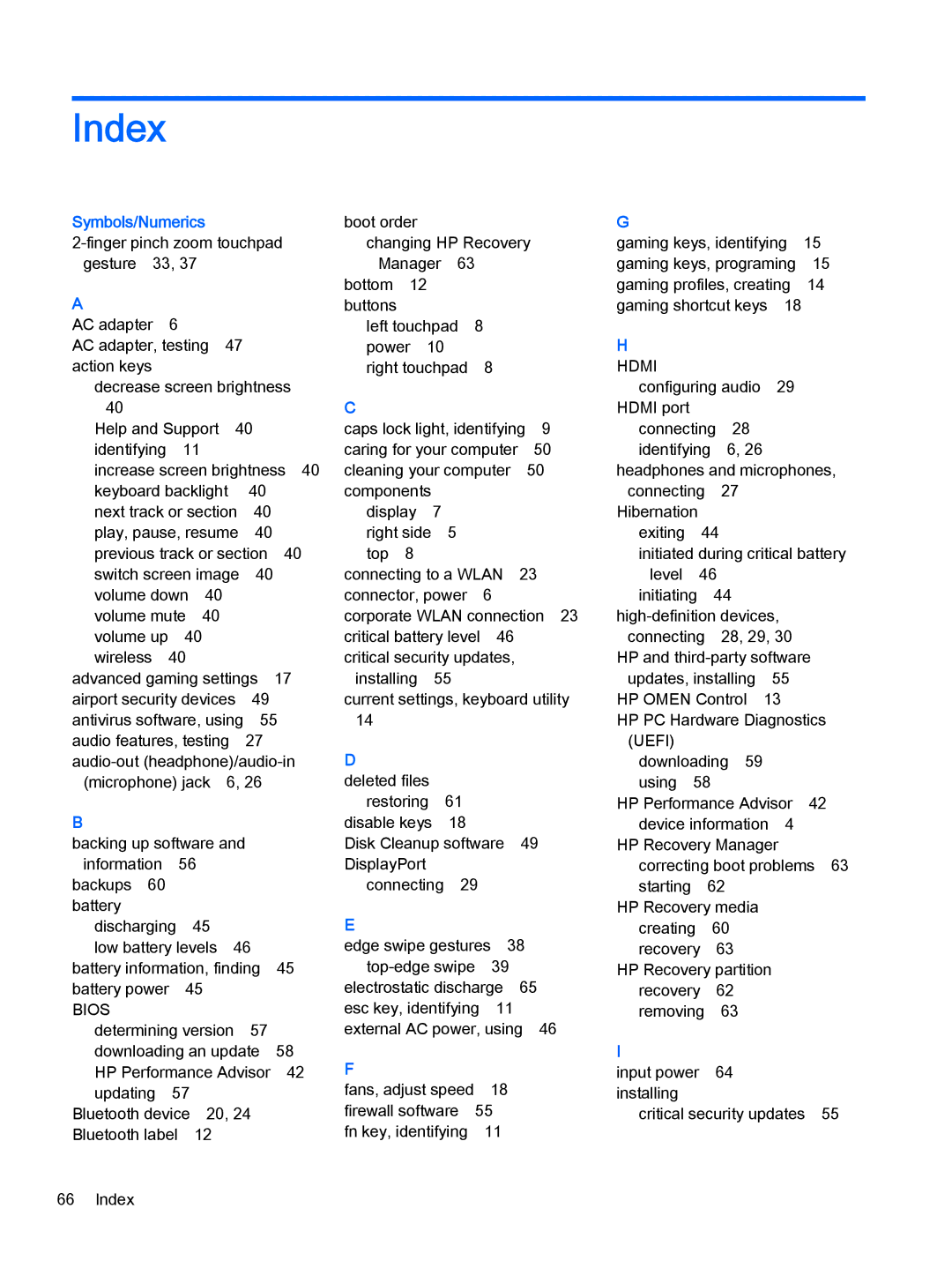 HP OMEN - 15t-5000 manual Index, Symbols/Numerics 