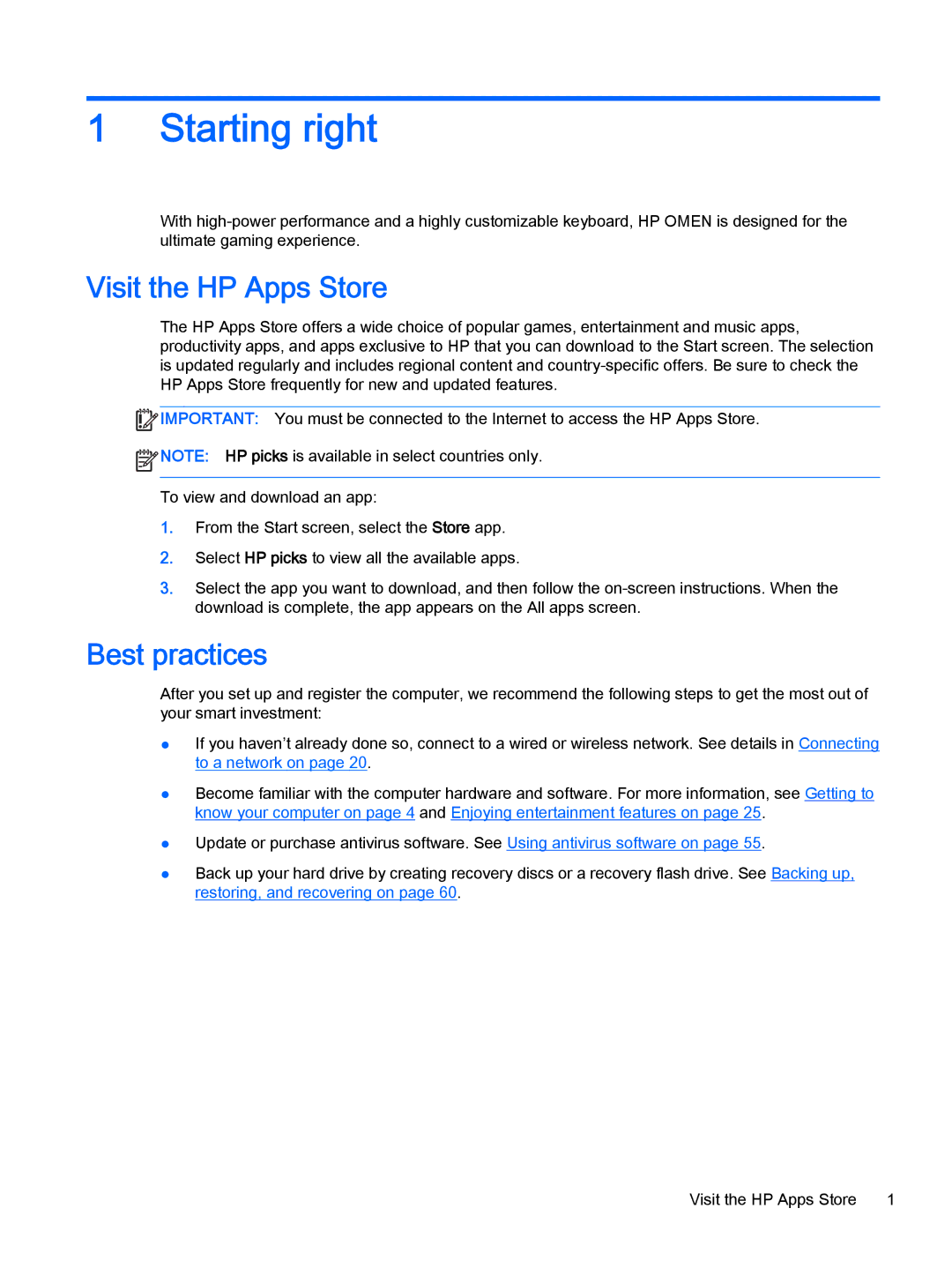 HP OMEN - 15t-5000 manual Starting right, Visit the HP Apps Store, Best practices 