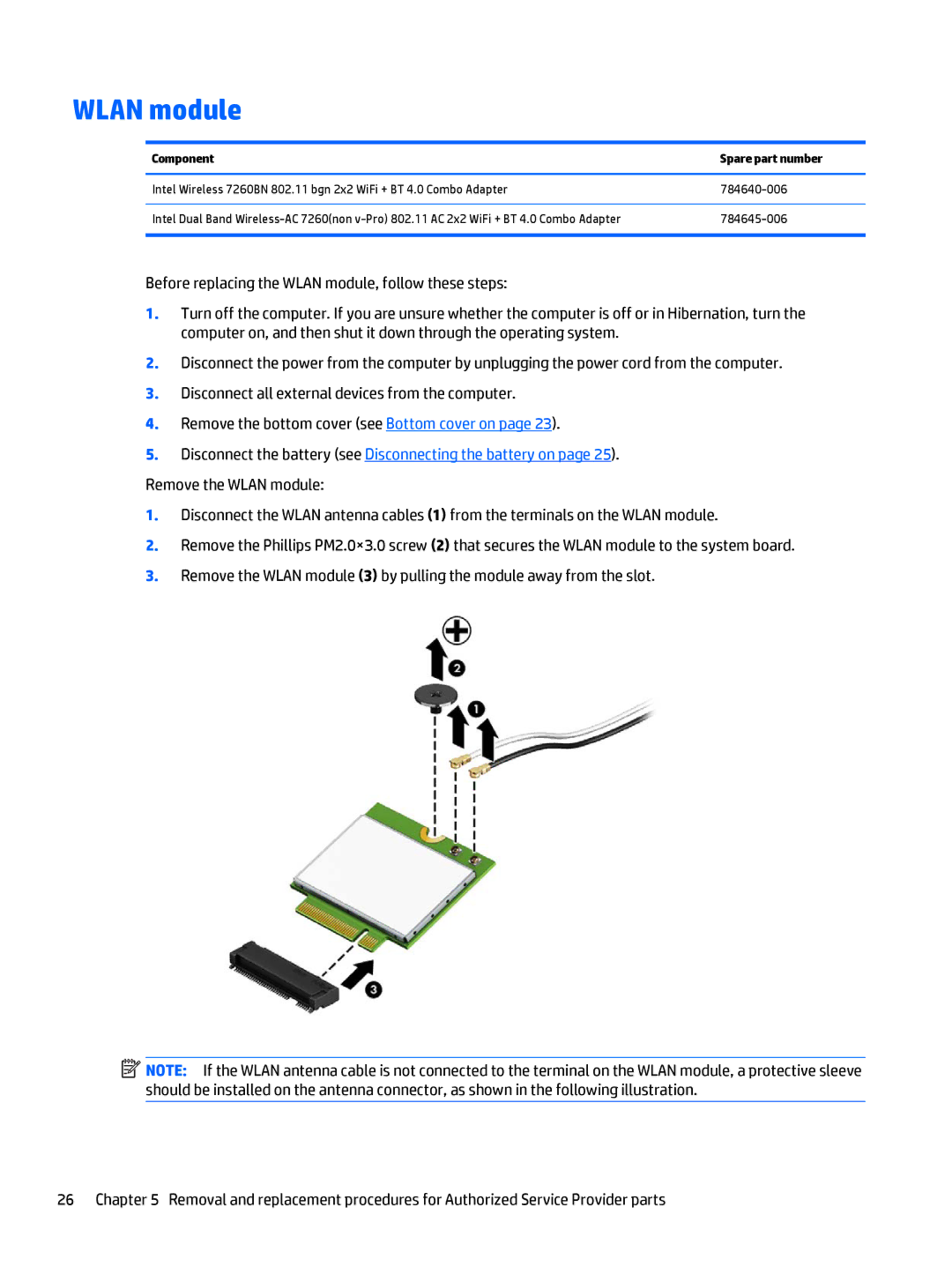 HP OMEN - 15t-5000 manual Wlan module, Disconnect the battery see Disconnecting the battery on 