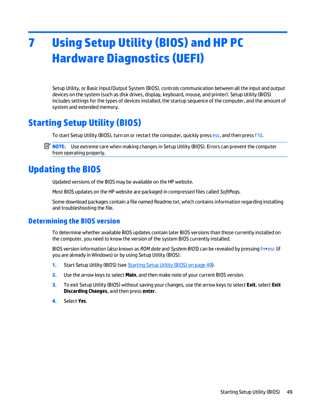 HP OMEN - 15t-5000 manual Starting Setup Utility Bios, Updating the Bios, Determining the Bios version 