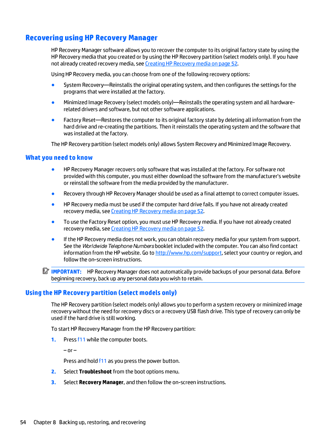 HP OMEN - 15t-5000 manual Recovering using HP Recovery Manager, What you need to know 