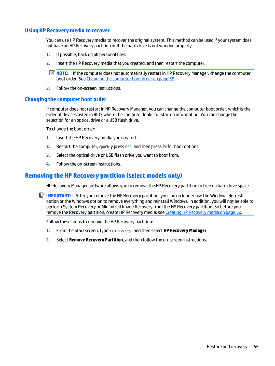 HP OMEN - 15t-5000 manual Removing the HP Recovery partition select models only, Using HP Recovery media to recover 