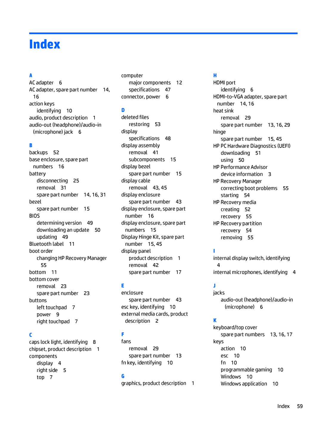 HP OMEN - 15t-5000 manual Index, Bios 