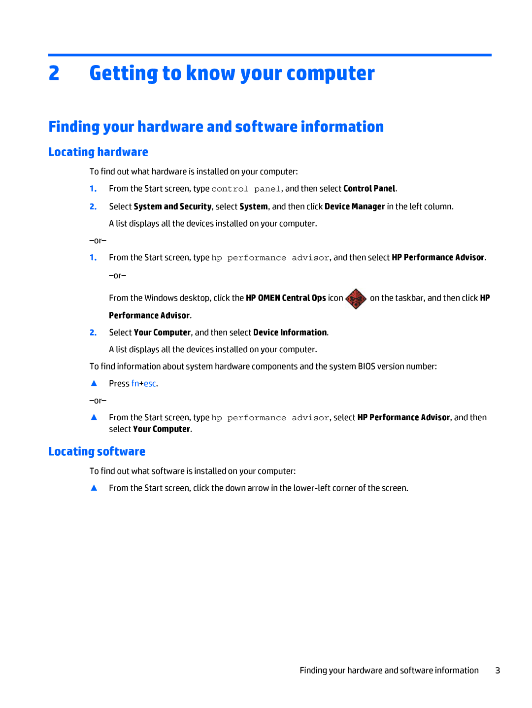 HP OMEN - 15t-5000 manual Getting to know your computer, Finding your hardware and software information, Locating hardware 