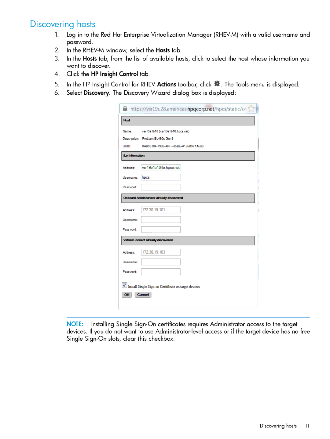 HP OneView for Red Hat Enterprise Virtualization manual Discovering hosts 