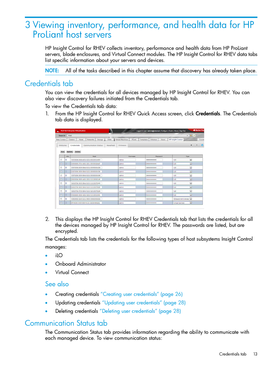 HP OneView for Red Hat Enterprise Virtualization manual Credentials tab, Communication Status tab, See also 