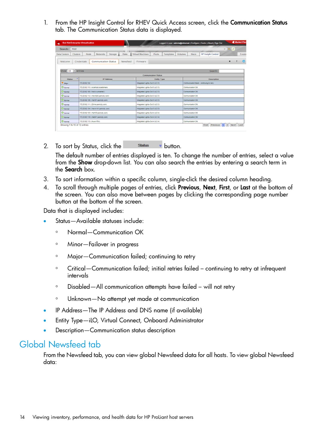 HP OneView for Red Hat Enterprise Virtualization manual Global Newsfeed tab 