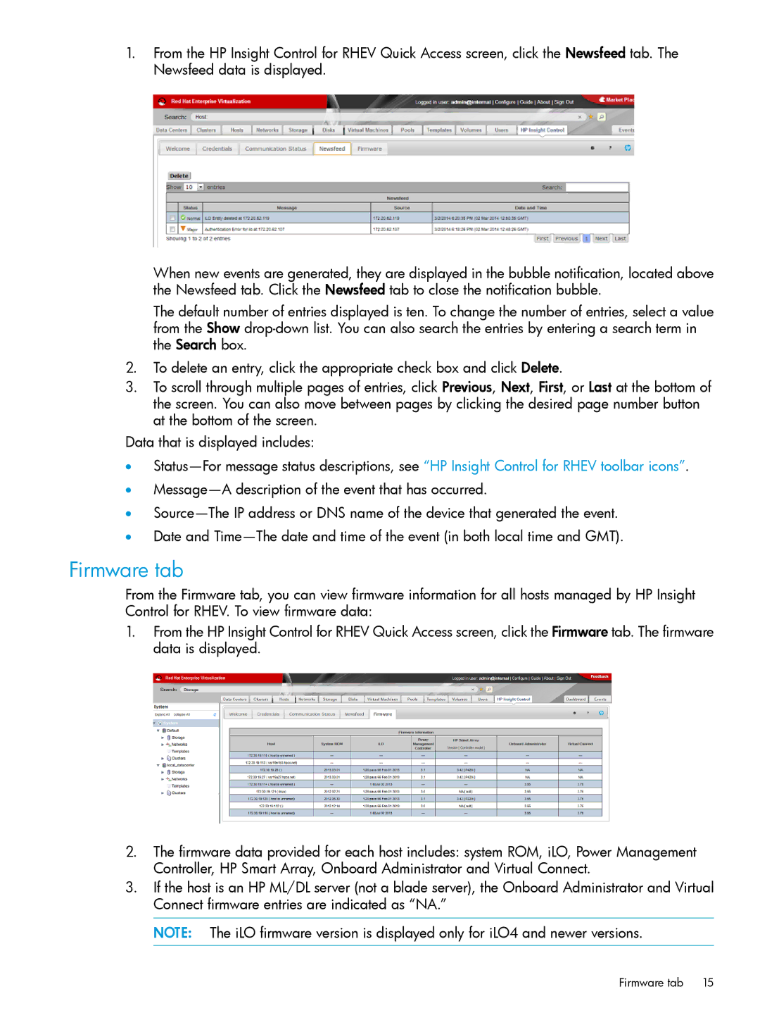 HP OneView for Red Hat Enterprise Virtualization manual Firmware tab 