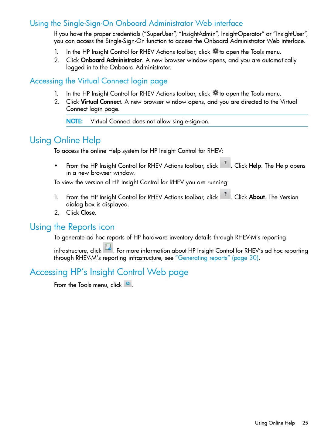 HP OneView for Red Hat Enterprise Virtualization manual Using Online Help, Using the Reports icon 