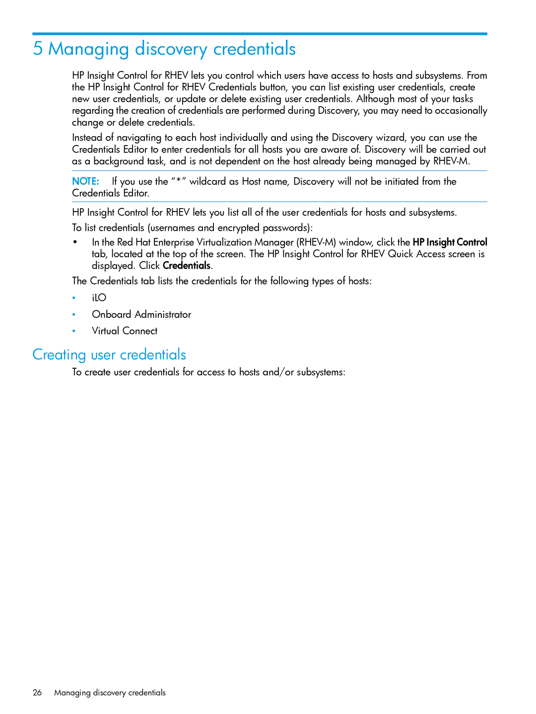 HP OneView for Red Hat Enterprise Virtualization manual Managing discovery credentials, Creating user credentials 