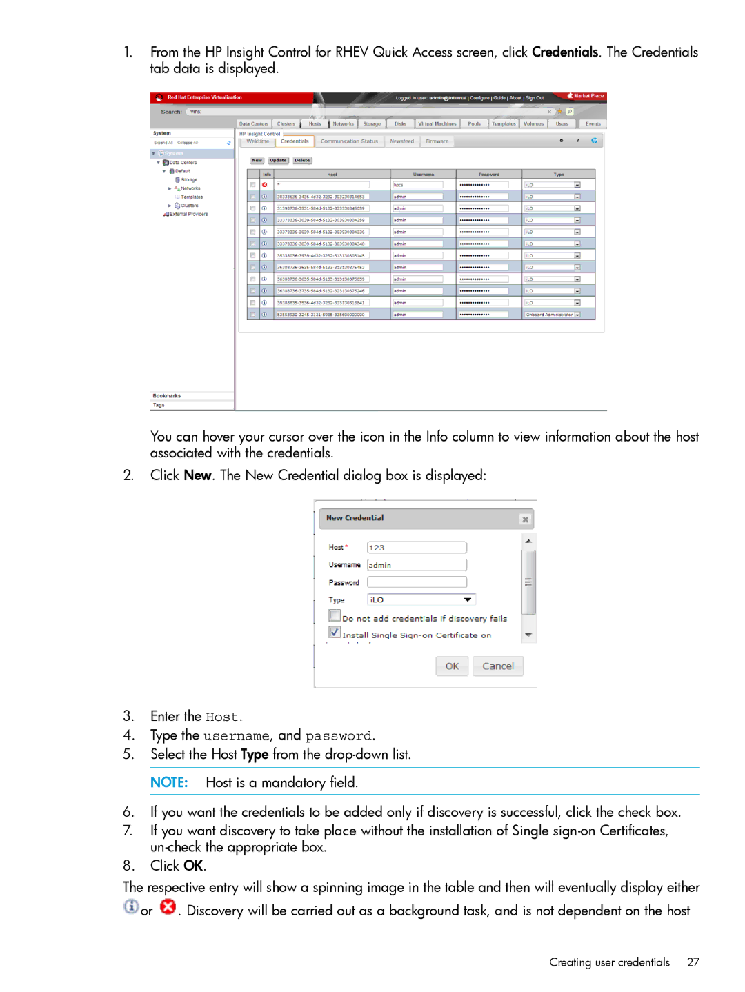 HP OneView for Red Hat Enterprise Virtualization manual Creating user credentials 