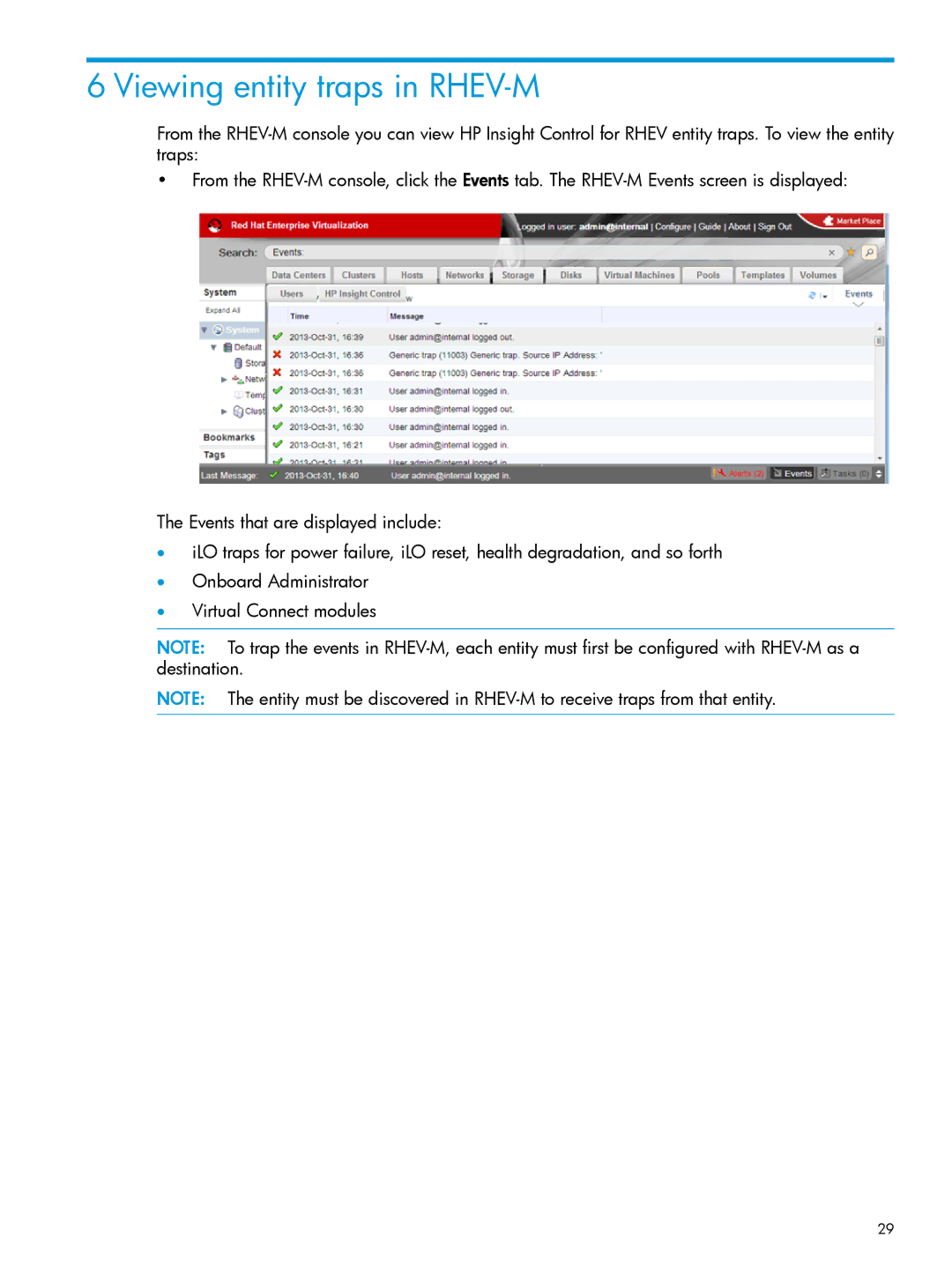 HP OneView for Red Hat Enterprise Virtualization manual Viewing entity traps in RHEV-M 