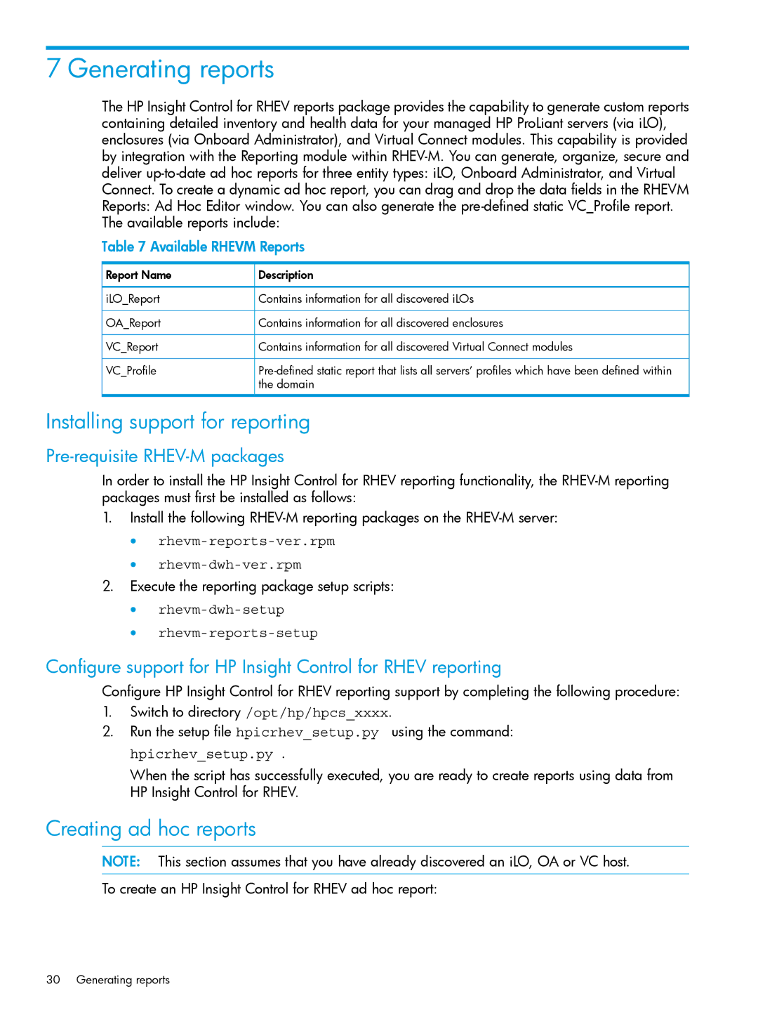 HP OneView for Red Hat Enterprise Virtualization manual Generating reports, Installing support for reporting 