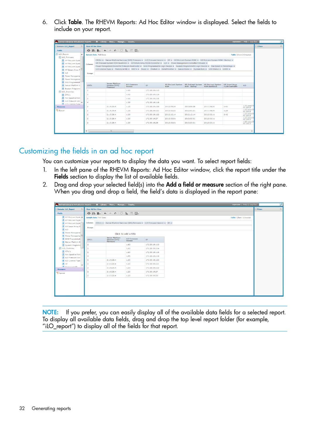 HP OneView for Red Hat Enterprise Virtualization manual Customizing the fields in an ad hoc report 