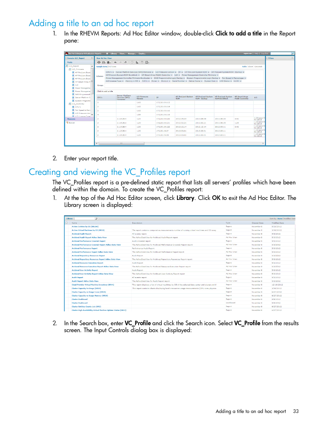 HP OneView for Red Hat Enterprise Virtualization manual Adding a title to an ad hoc report 