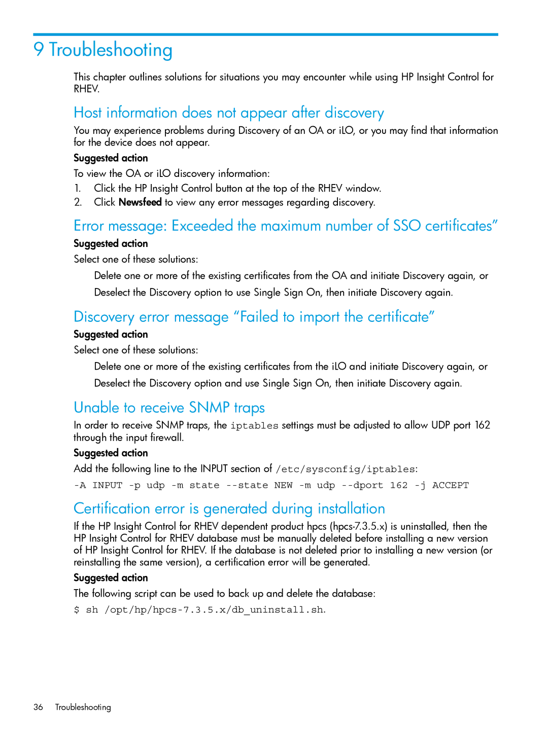 HP OneView for Red Hat Enterprise Virtualization manual Troubleshooting, Host information does not appear after discovery 