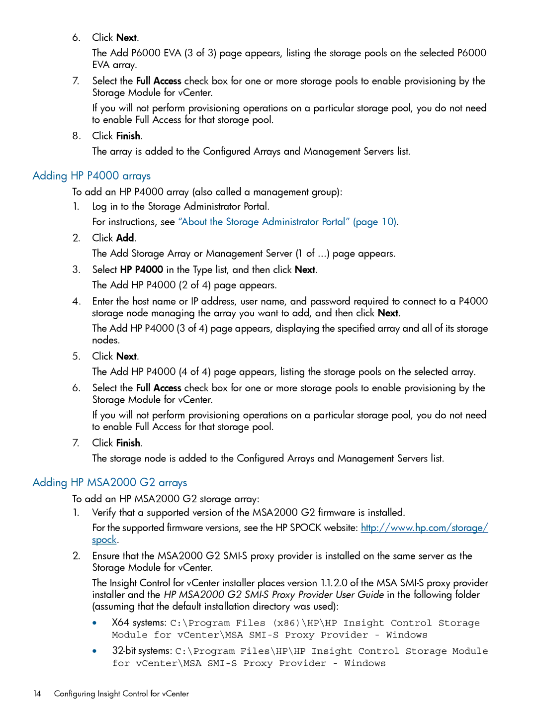 HP OneView for VMware vCenter/Operations Manager/Log Insight manual Adding HP P4000 arrays, Adding HP MSA2000 G2 arrays 