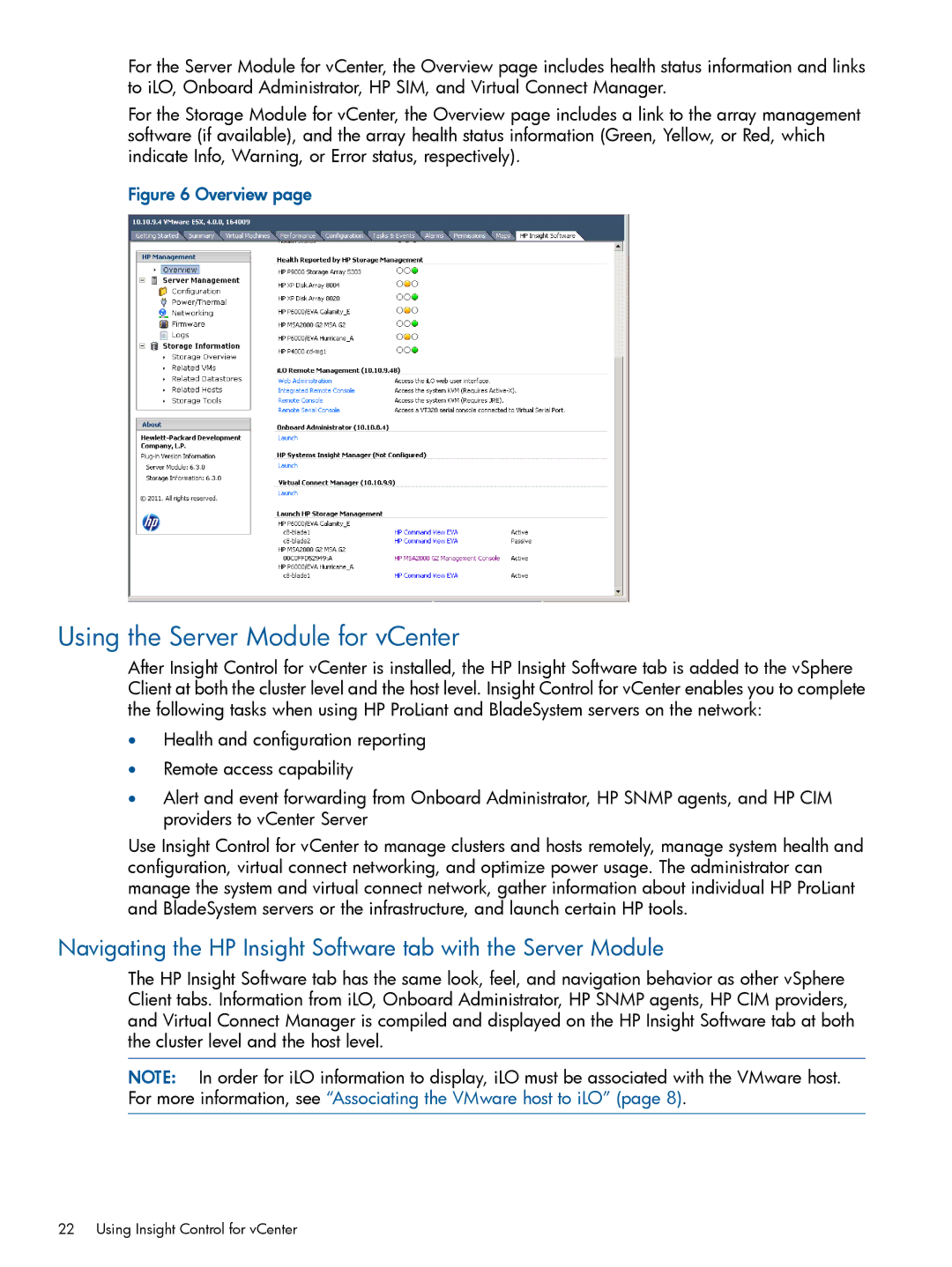 HP OneView for VMware vCenter/Operations Manager/Log Insight manual Using the Server Module for vCenter, Overview 