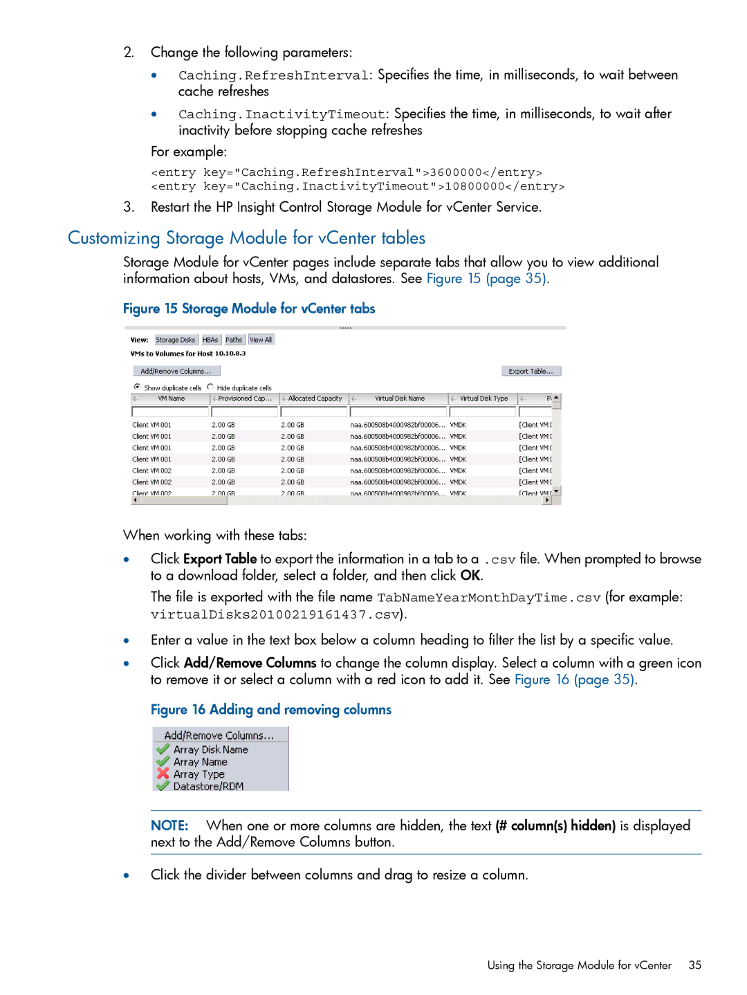 HP OneView for VMware vCenter/Operations Manager/Log Insight manual Customizing Storage Module for vCenter tables 