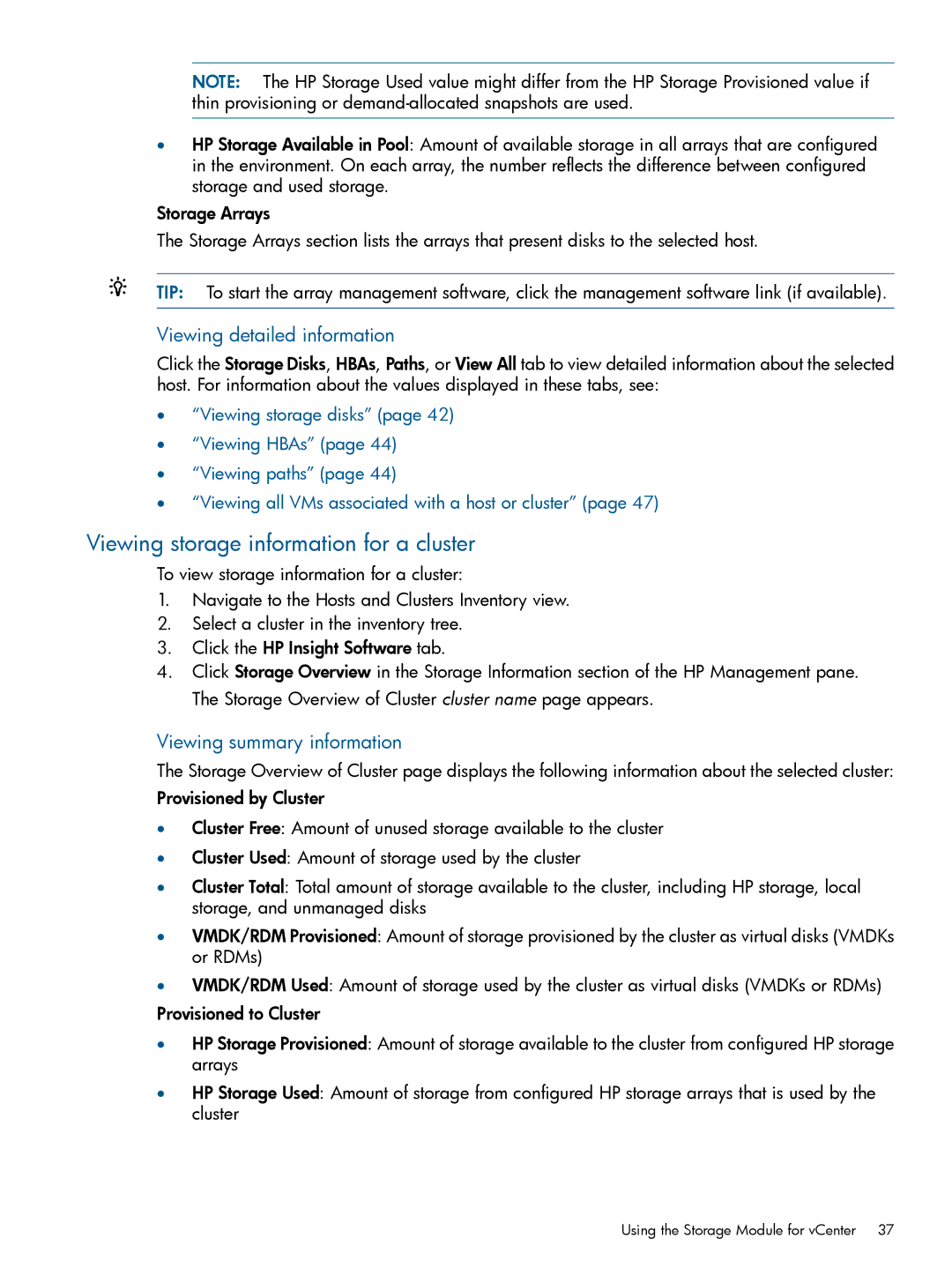 HP OneView for VMware vCenter/Operations Manager/Log Insight manual Viewing storage information for a cluster 