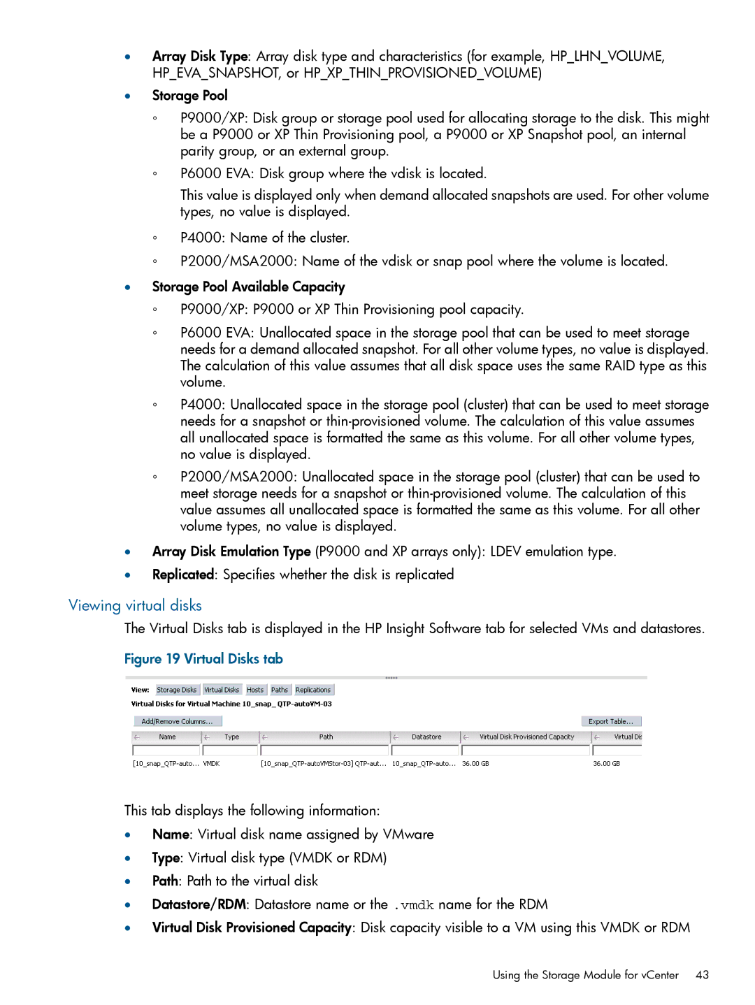 HP OneView for VMware vCenter/Operations Manager/Log Insight manual Viewing virtual disks, Virtual Disks tab 