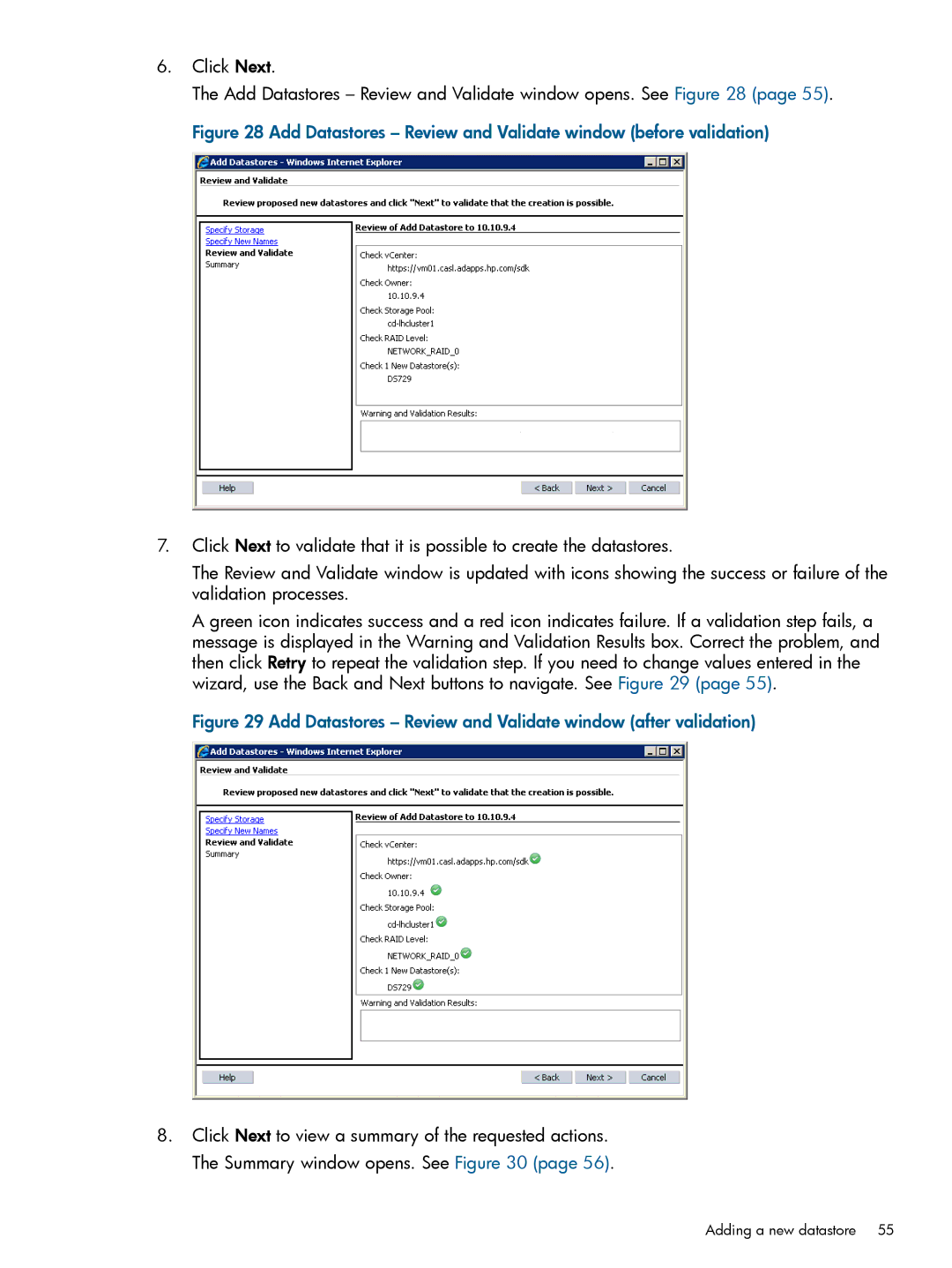 HP OneView for VMware vCenter/Operations Manager/Log Insight Add Datastores Review and Validate window after validation 