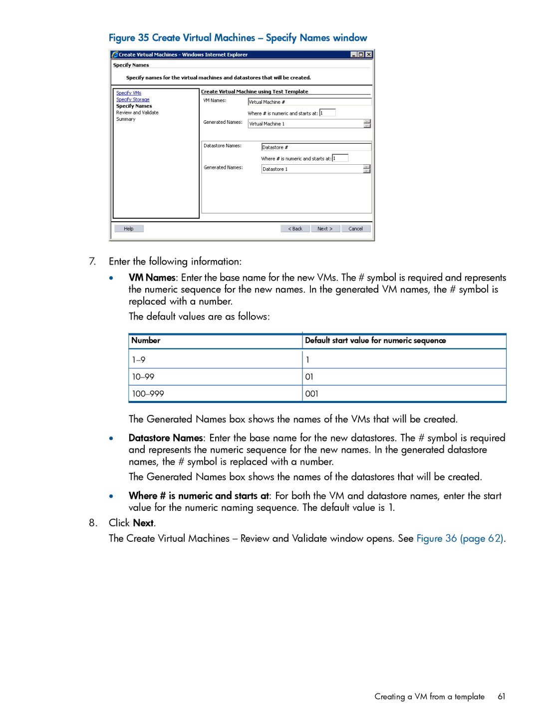 HP OneView for VMware vCenter/Operations Manager/Log Insight manual Create Virtual Machines Specify Names window 