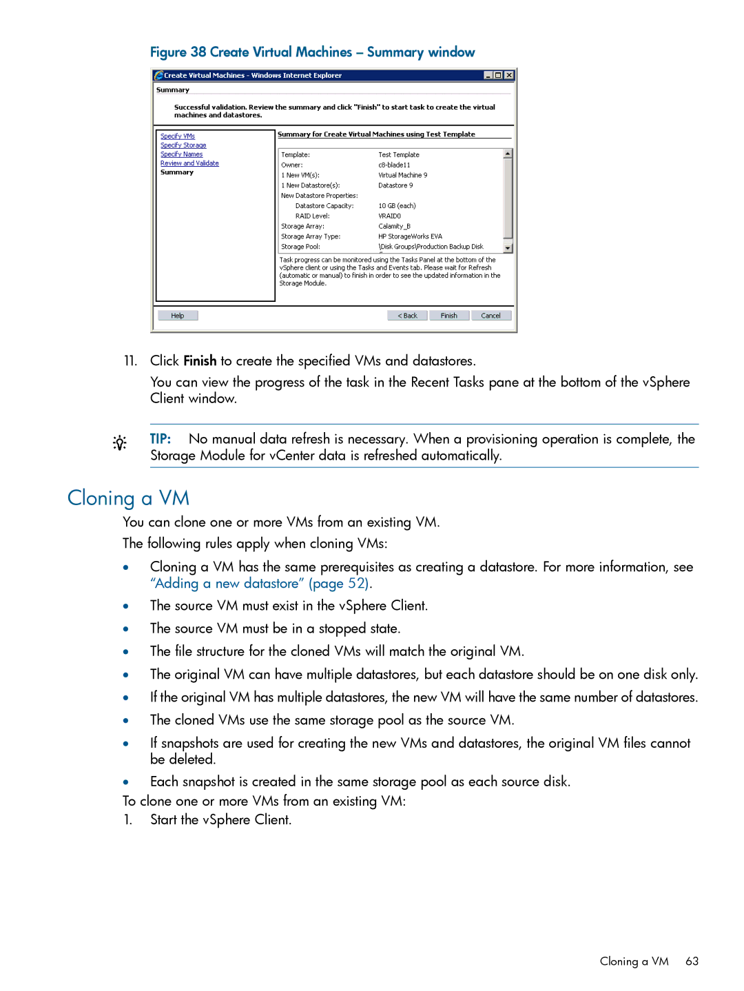 HP OneView for VMware vCenter/Operations Manager/Log Insight manual Cloning a VM, Create Virtual Machines Summary window 