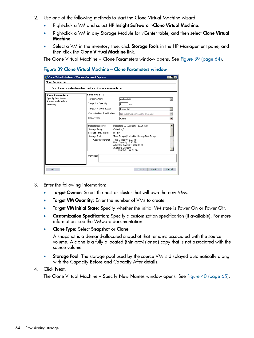 HP OneView for VMware vCenter/Operations Manager/Log Insight manual Clone Virtual Machine Clone Parameters window 