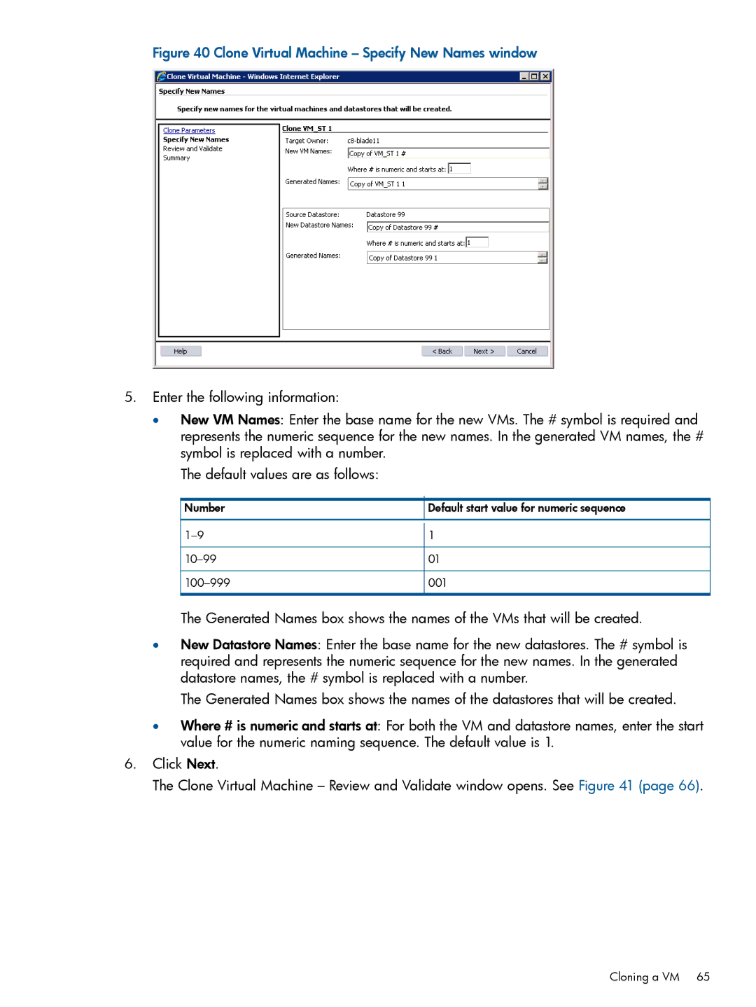 HP OneView for VMware vCenter/Operations Manager/Log Insight manual Clone Virtual Machine Specify New Names window 