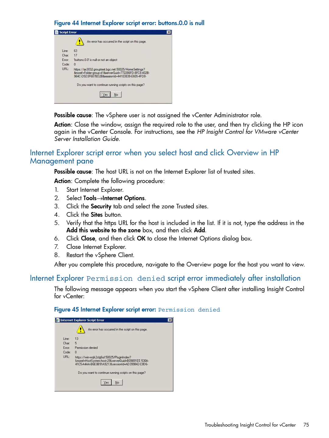 HP OneView for VMware vCenter/Operations Manager/Log Insight manual Internet Explorer script error buttons.0.0 is null 