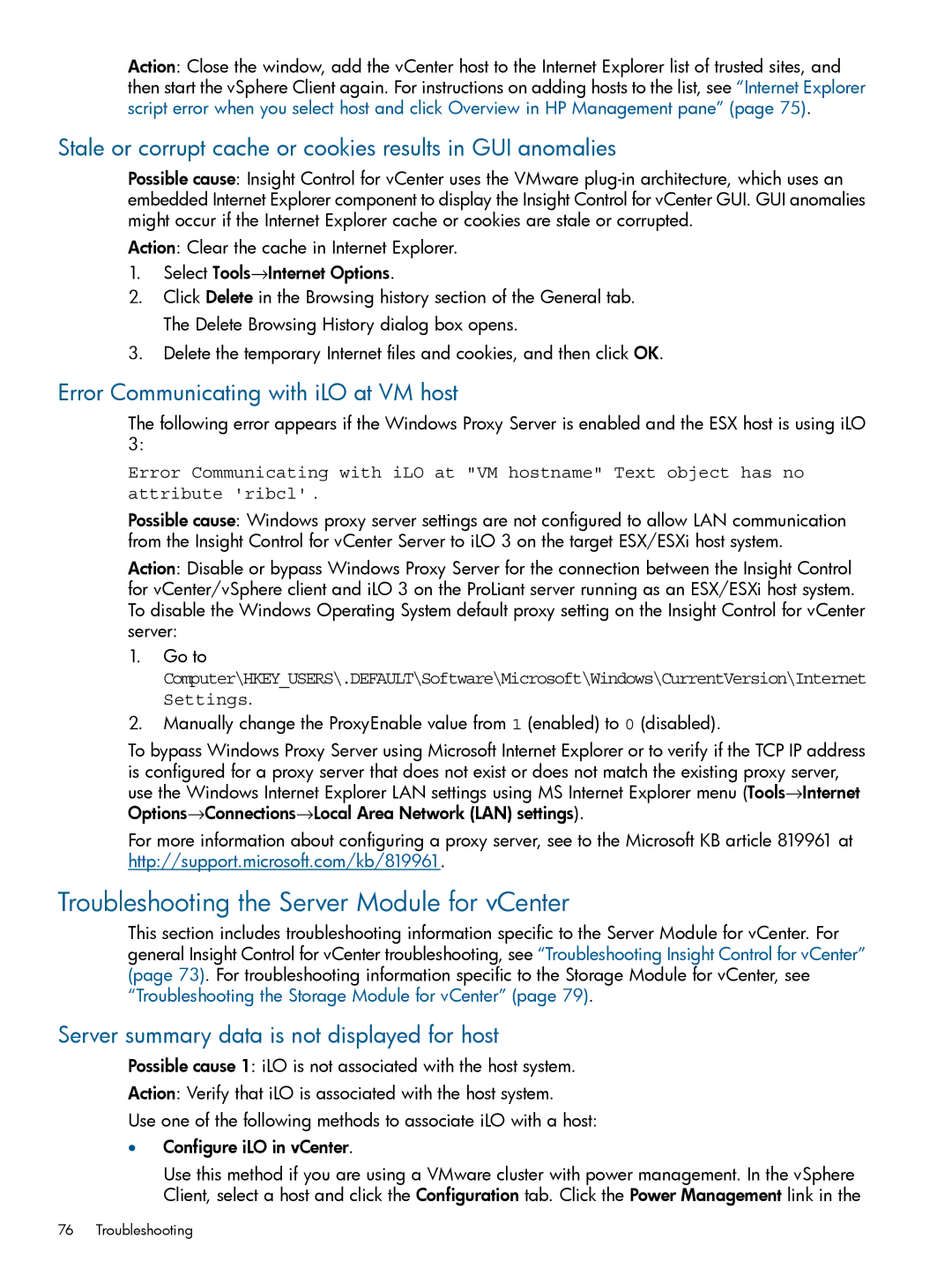 HP OneView for VMware vCenter/Operations Manager/Log Insight manual Troubleshooting the Server Module for vCenter 