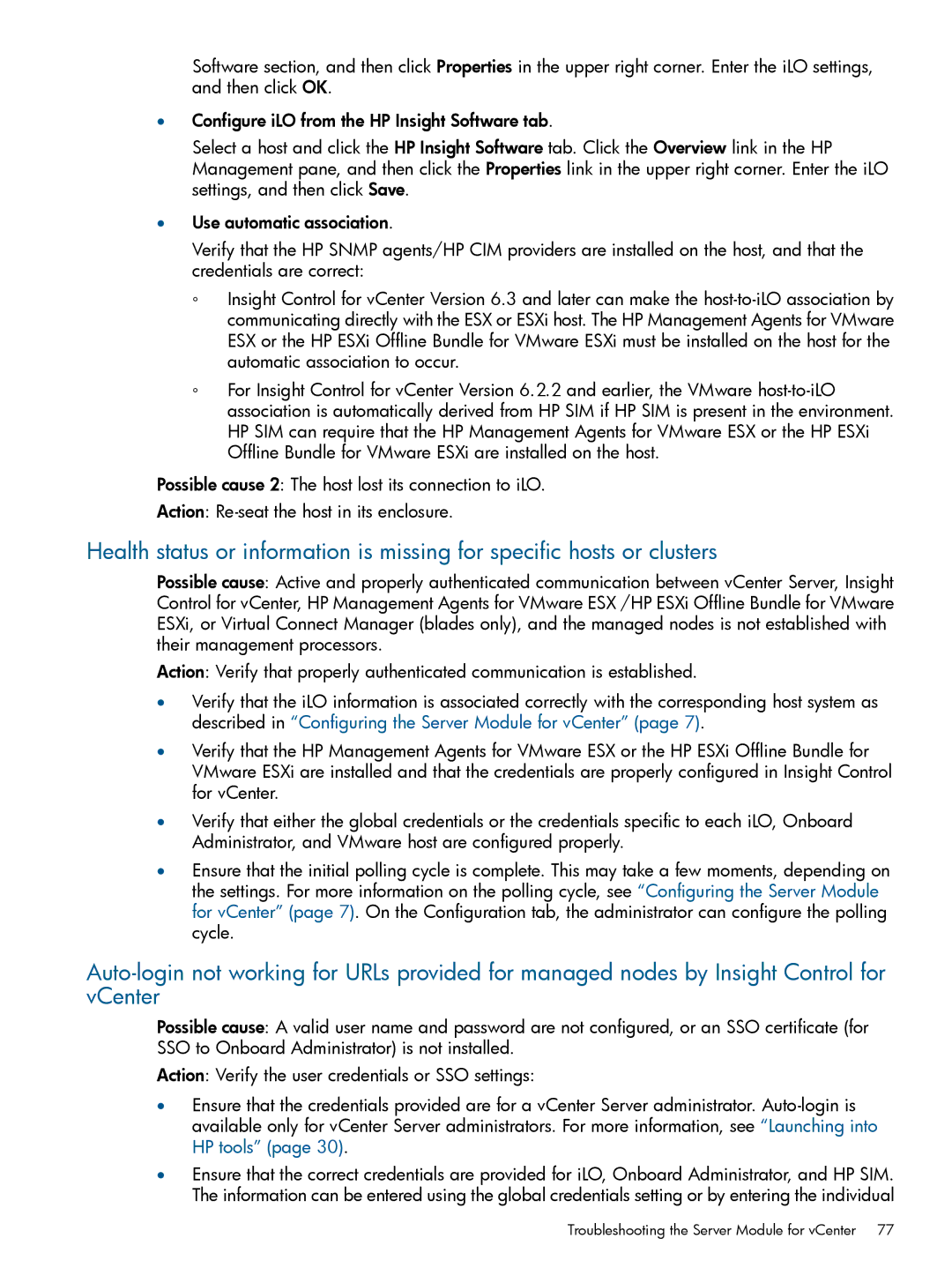 HP OneView for VMware vCenter/Operations Manager/Log Insight manual Troubleshooting the Server Module for vCenter 