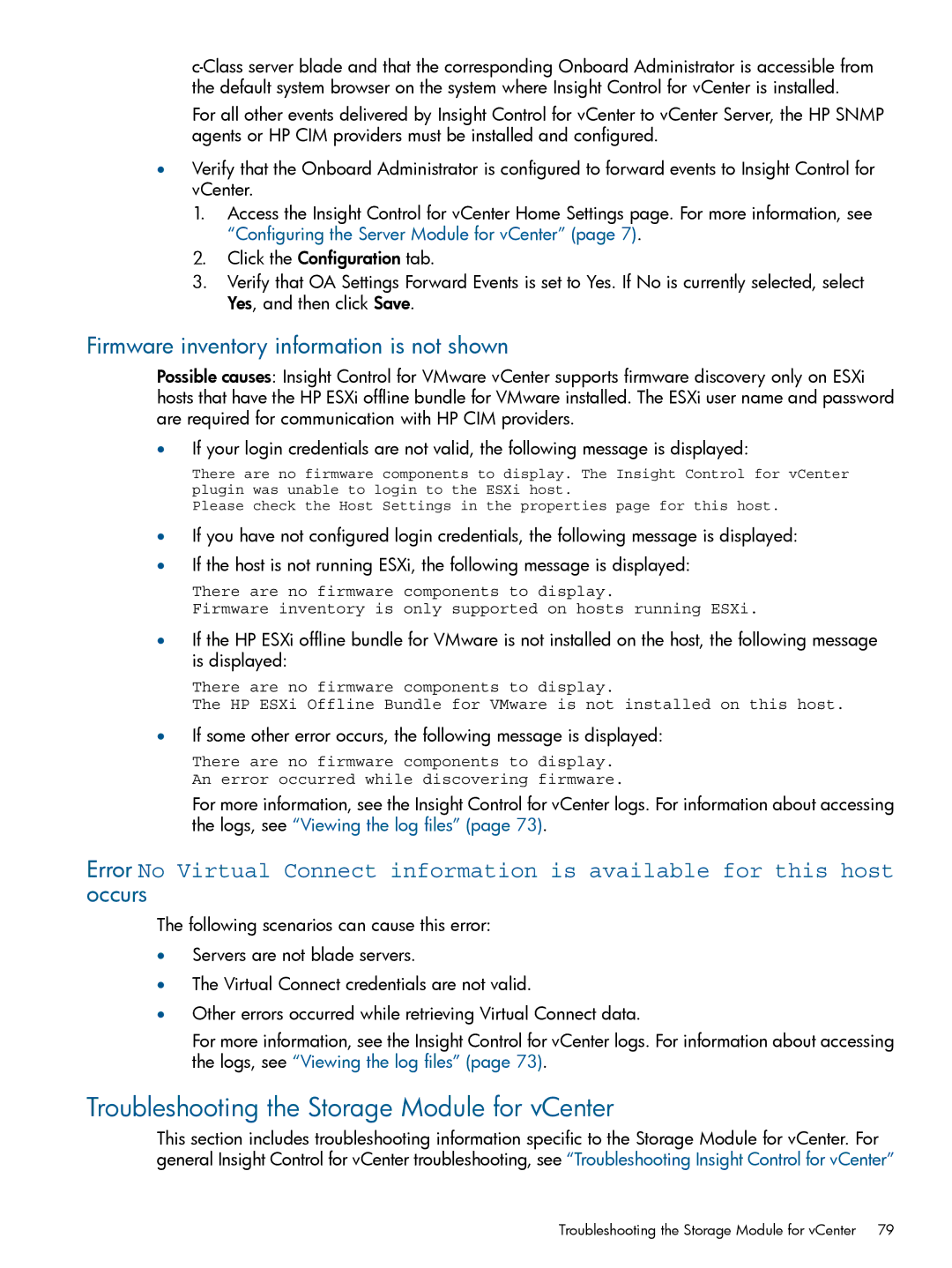 HP OneView for VMware vCenter/Operations Manager/Log Insight manual Troubleshooting the Storage Module for vCenter 