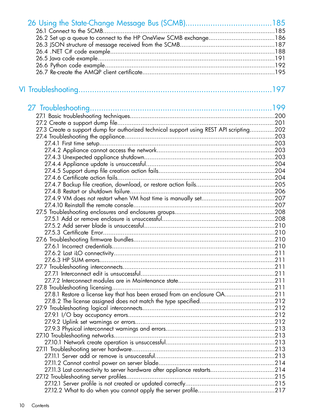 HP OneView manual Using the State-Change Message Bus Scmb 185, VI Troubleshooting 197 199 