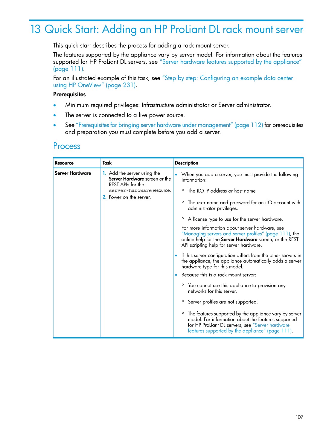 HP OneView manual Resource Task Server Hardware Add the server using, Rest APIs for, 107 