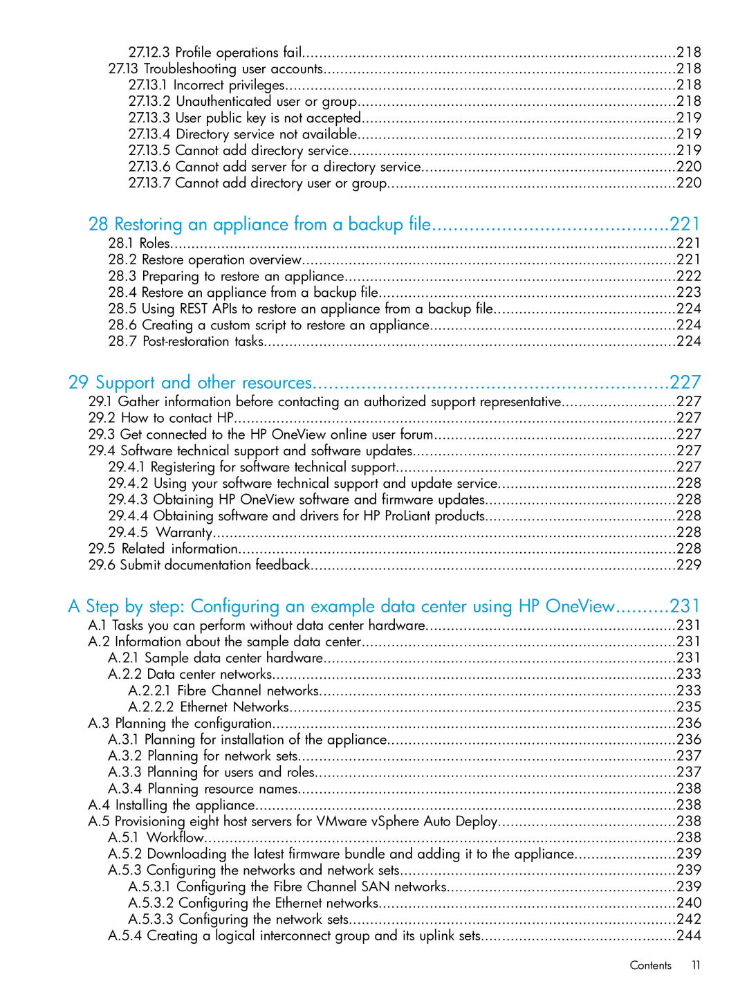 HP OneView manual Restoring an appliance from a backup file 221, Support and other resources 227, 231 