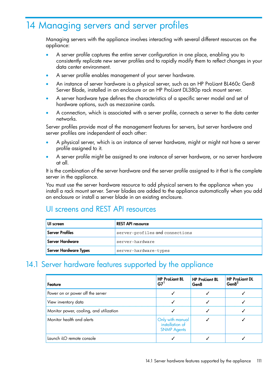 HP OneView manual Managing servers and server profiles, UI screens and Rest API resources, Server-profiles and connections 