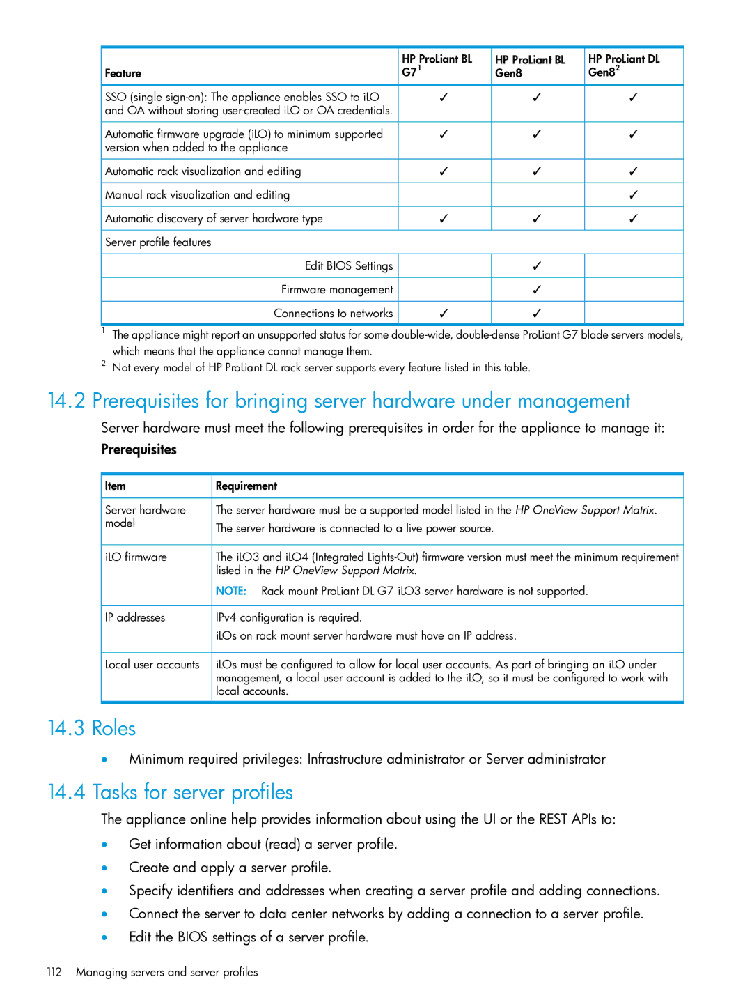 HP OneView manual Prerequisites for bringing server hardware under management, Roles, Tasks for server profiles 