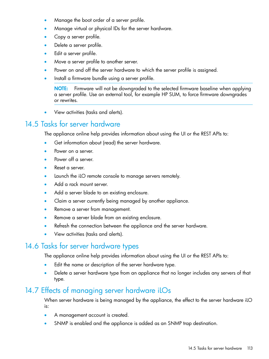 HP OneView manual Tasks for server hardware types, Effects of managing server hardware iLOs 