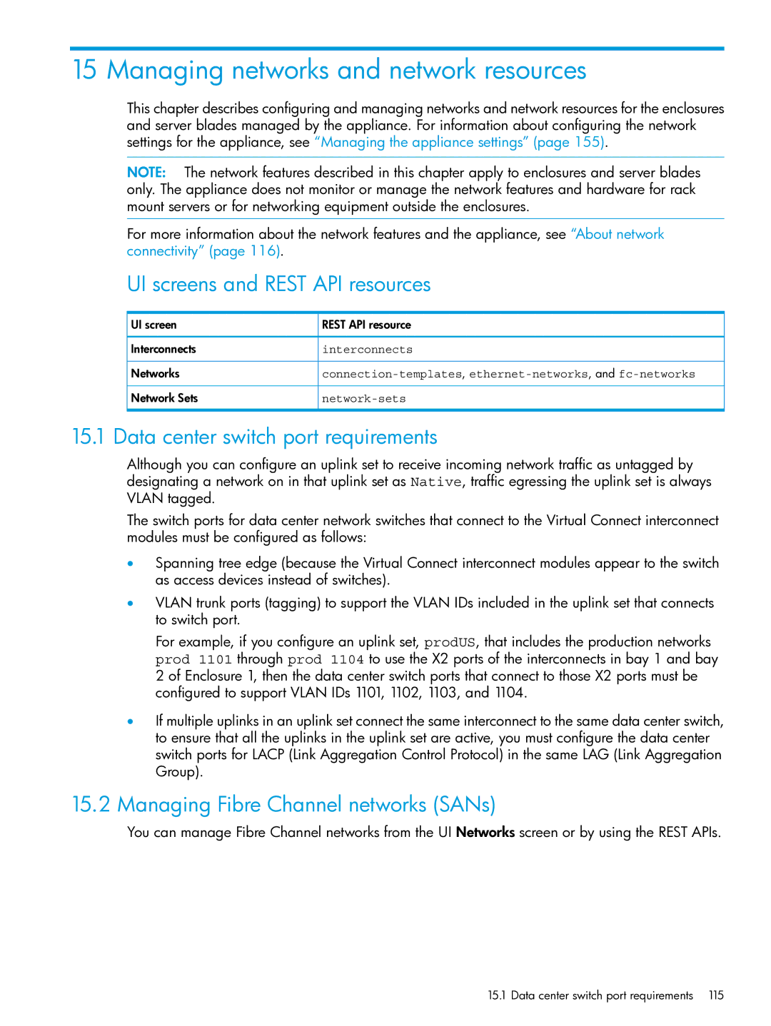 HP OneView manual Managing networks and network resources, Data center switch port requirements, Interconnects 