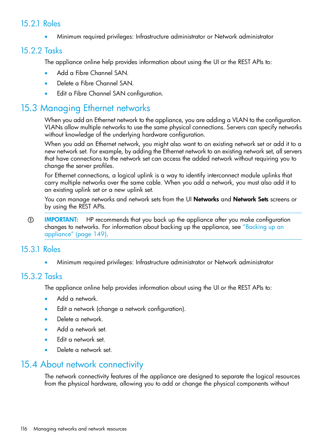 HP OneView Managing Ethernet networks, About network connectivity, Roles, Tasks, Managing networks and network resources 