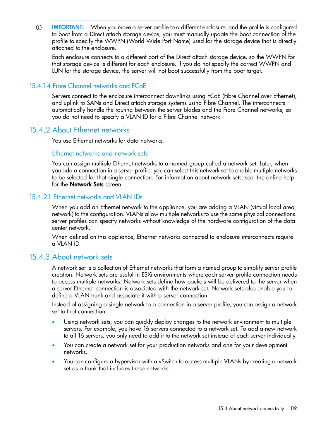 HP OneView About Ethernet networks, About network sets, Fibre Channel networks and FCoE, Ethernet networks and Vlan IDs 