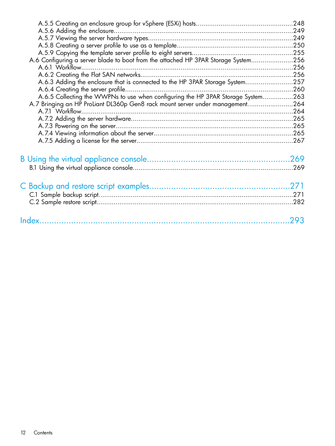 HP OneView manual Using the virtual appliance console 269, Backup and restore script examples 271, Index 293 