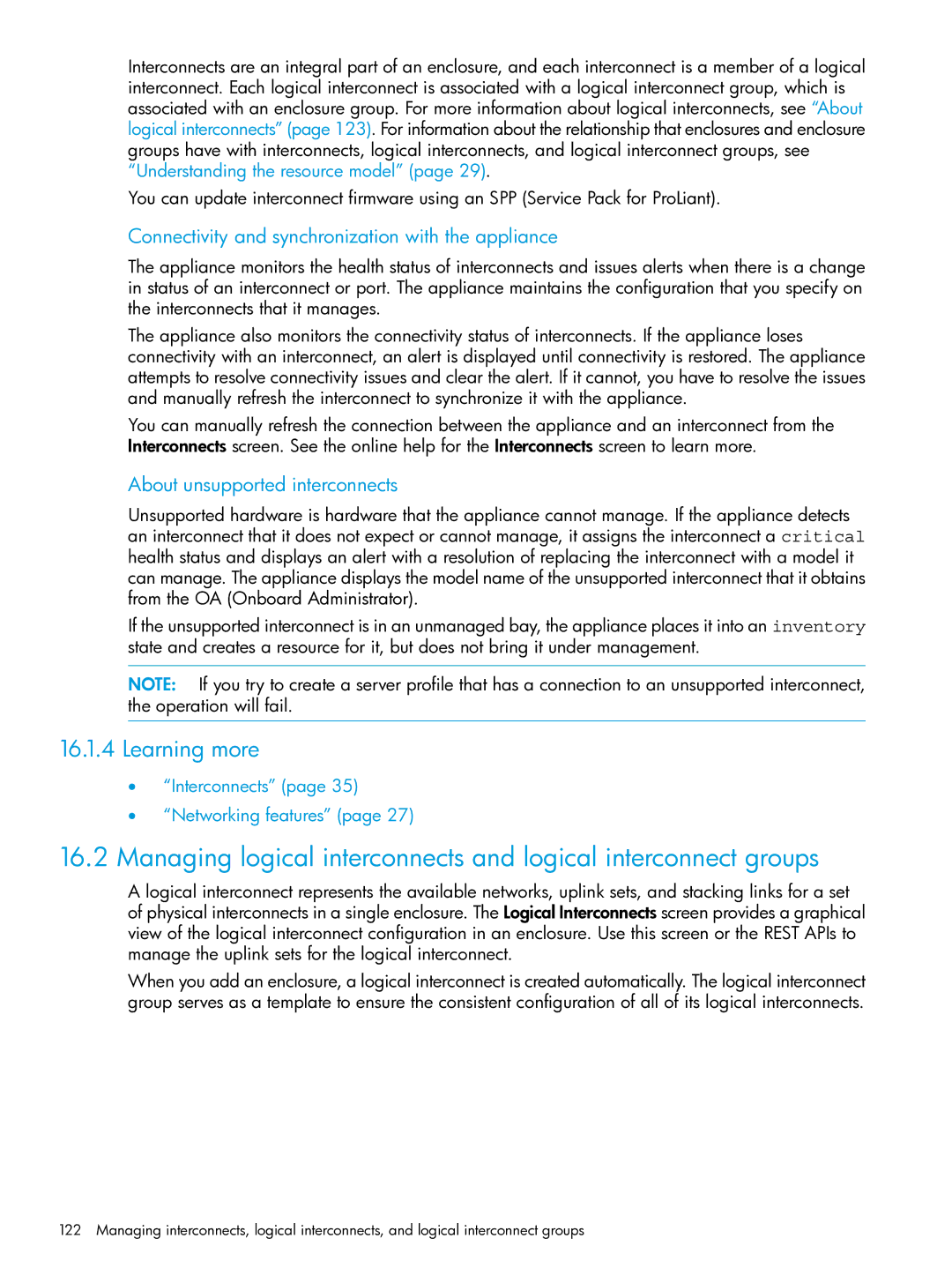 HP OneView manual Learning more, Connectivity and synchronization with the appliance, About unsupported interconnects 