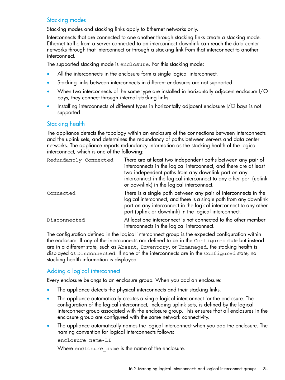 HP OneView manual Stacking modes, Stacking health, Adding a logical interconnect 