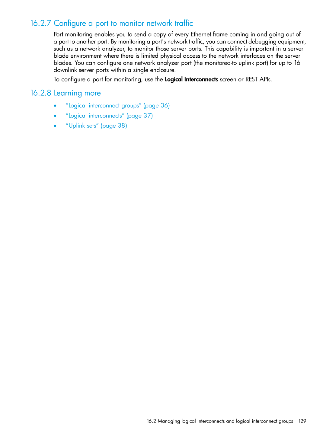 HP OneView manual Configure a port to monitor network traffic, Learning more 